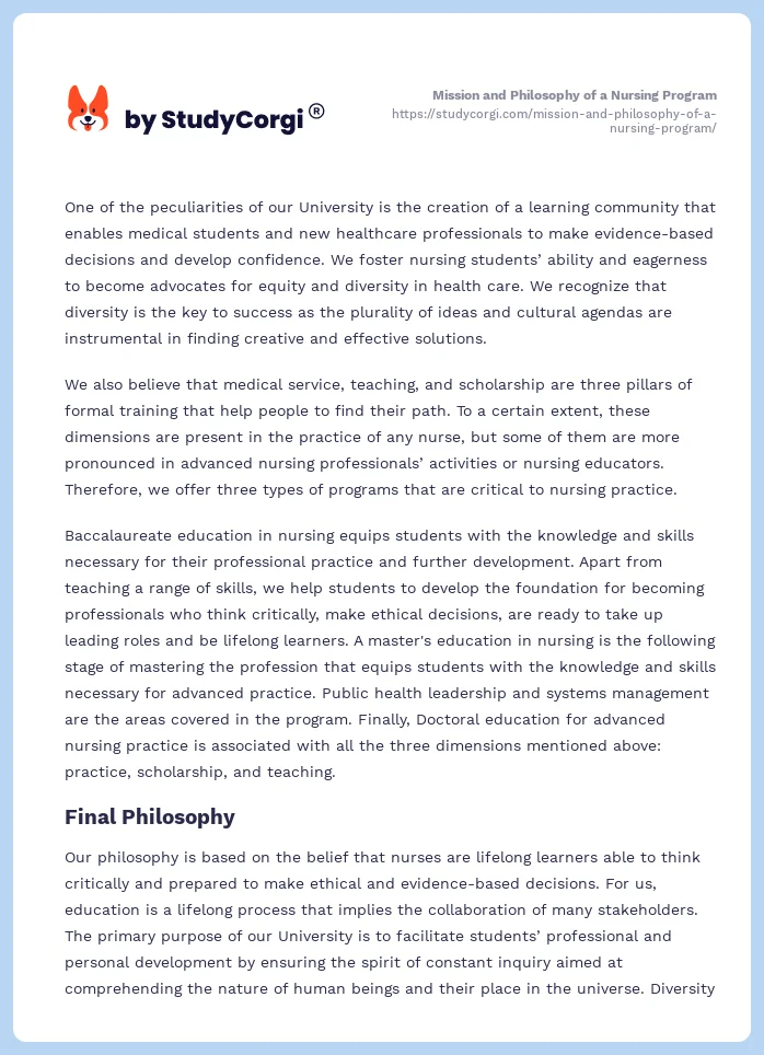 Mission and Philosophy of a Nursing Program. Page 2