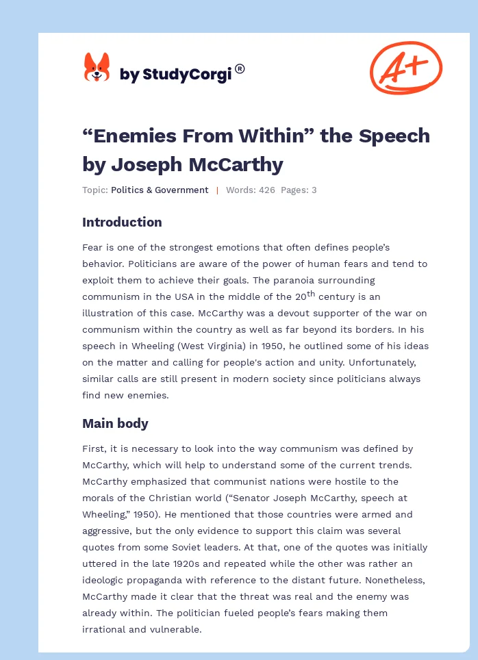 “Enemies From Within” the Speech by Joseph McCarthy. Page 1