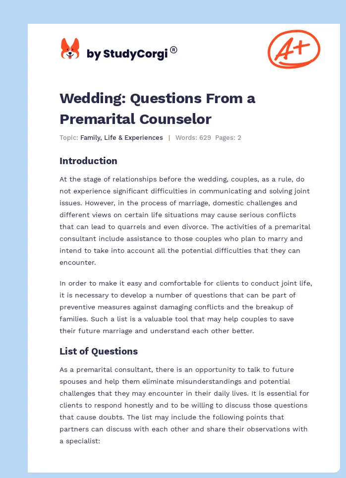 Wedding: Questions From a Premarital Counselor. Page 1