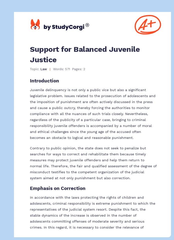 Support for Balanced Juvenile Justice. Page 1