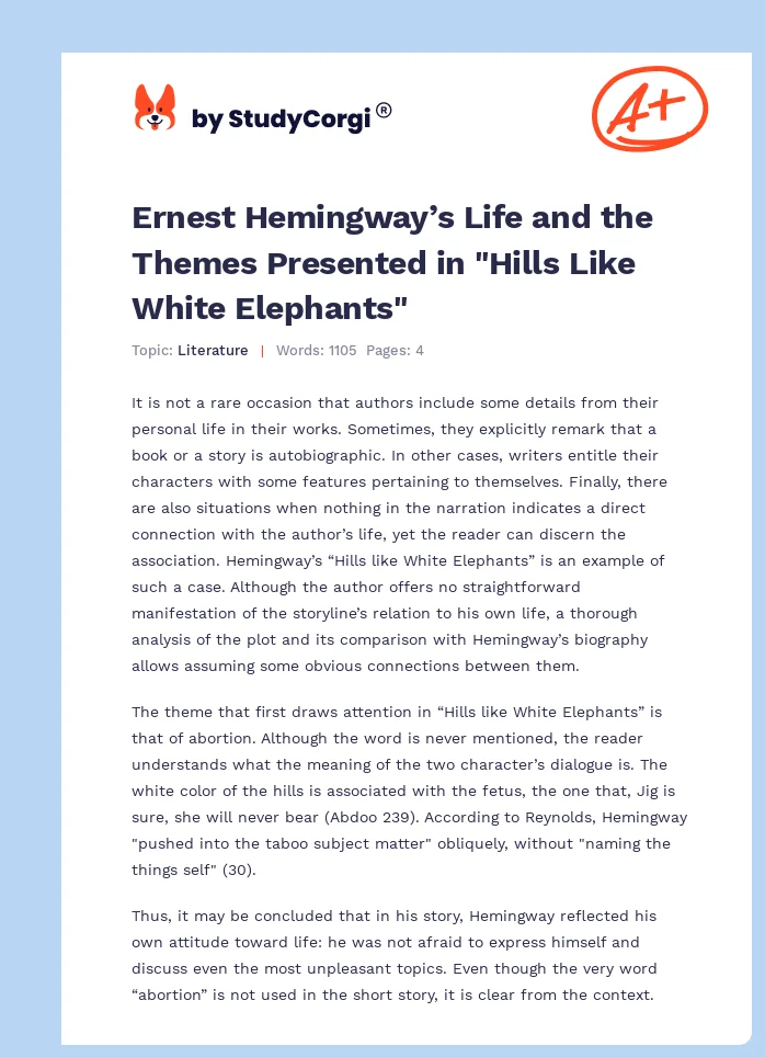 Ernest Hemingway’s Life and the Themes Presented in "Hills Like White Elephants". Page 1
