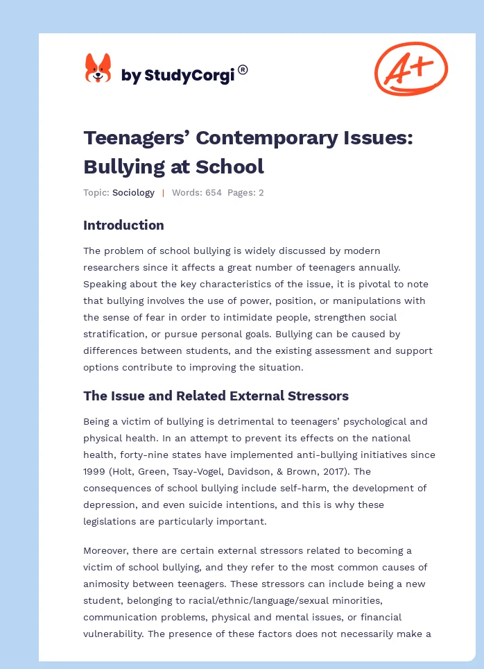 Teenagers’ Contemporary Issues: Bullying at School. Page 1