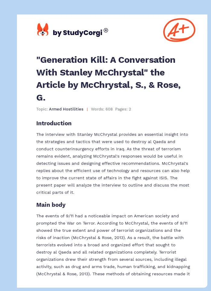 "Generation Kill: A Conversation With Stanley McChrystal" the Article by McChrystal, S., & Rose, G.. Page 1