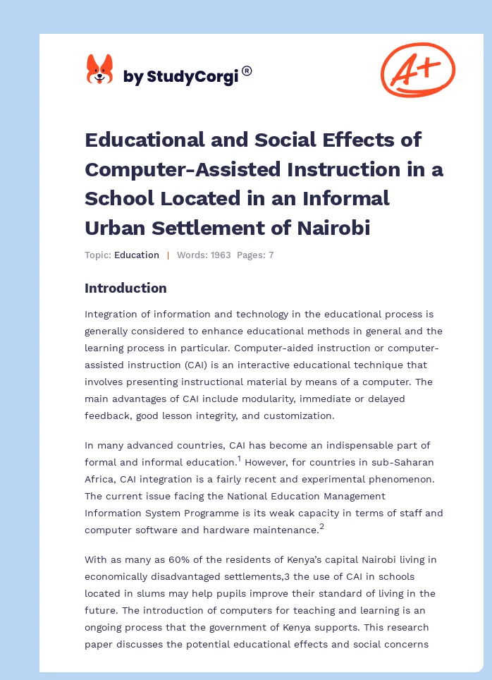 Educational and Social Effects of Computer-Assisted Instruction in a School Located in an Informal Urban Settlement of Nairobi. Page 1