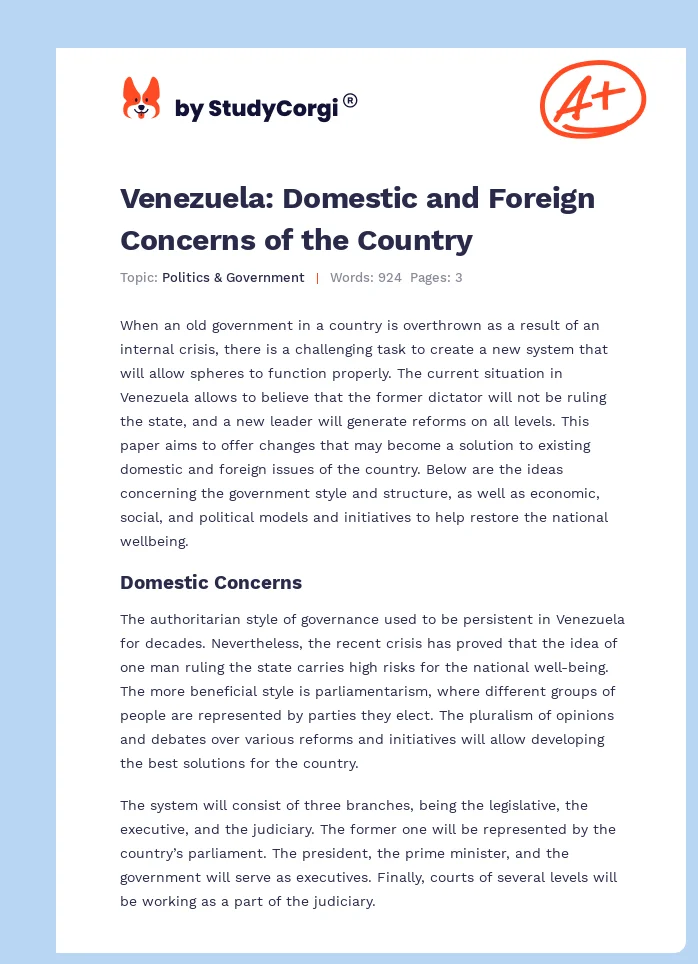 Venezuela: Domestic and Foreign Concerns of the Country. Page 1