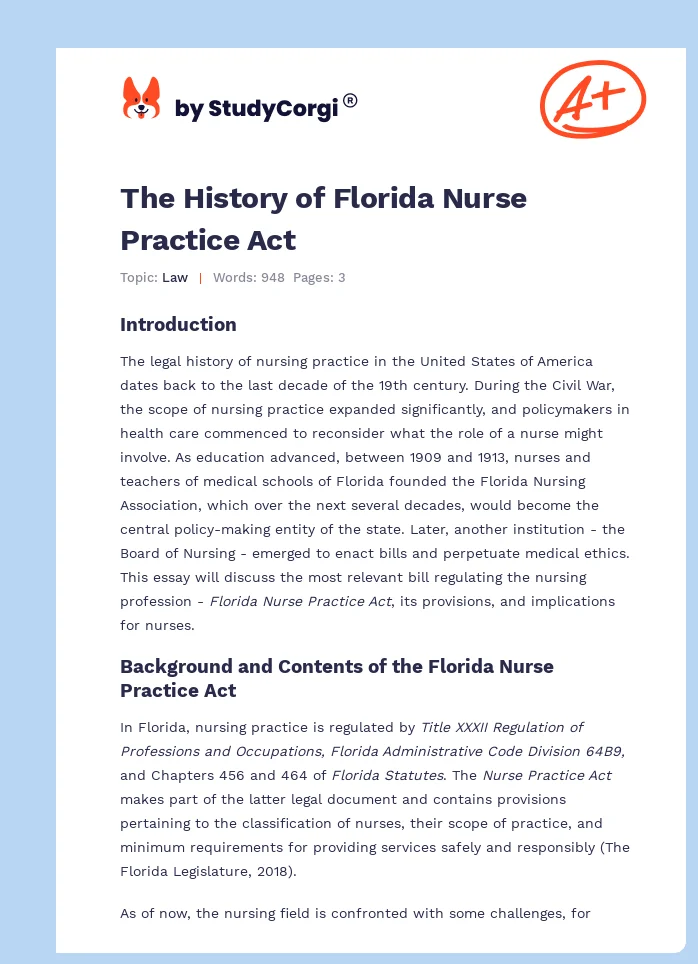 The History of Florida Nurse Practice Act. Page 1