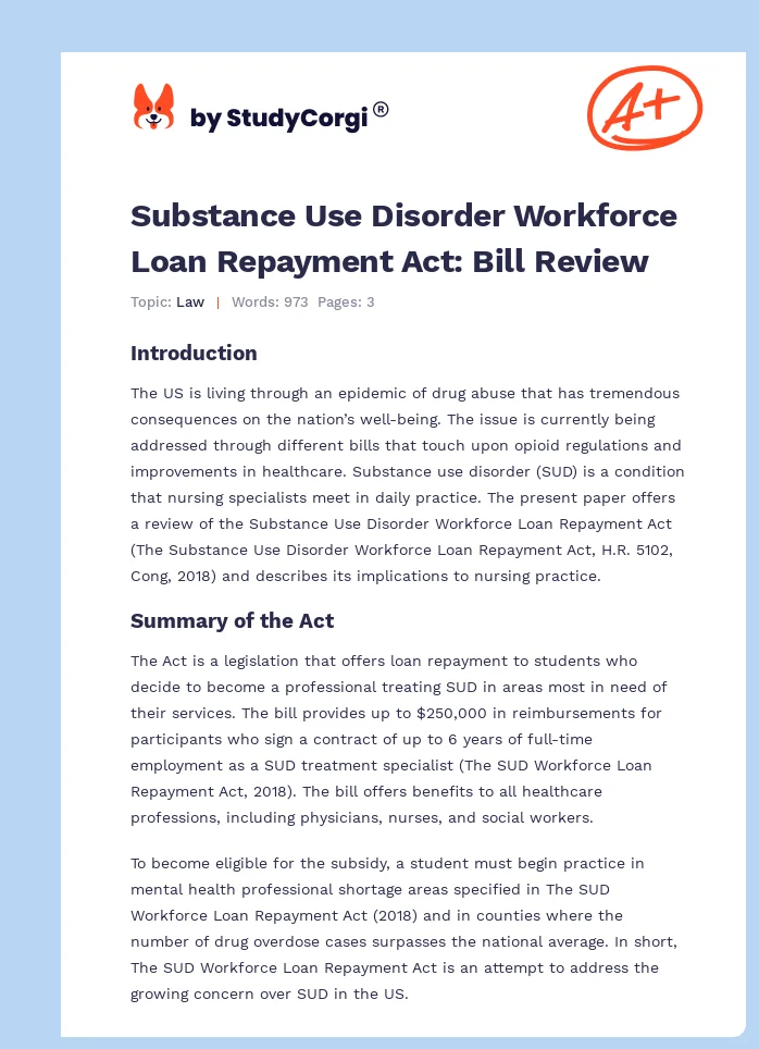 Substance Use Disorder Workforce Loan Repayment Act: Bill Review. Page 1