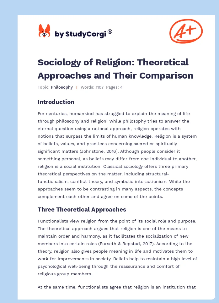 Sociology of Religion: Theoretical Approaches and Their Comparison. Page 1