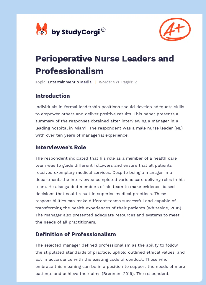 Perioperative Nurse Leaders and Professionalism. Page 1