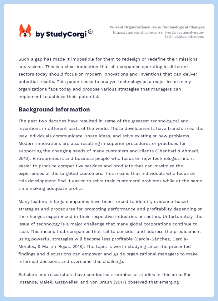 Current Organizational Issue: Technological Changes. Page 2