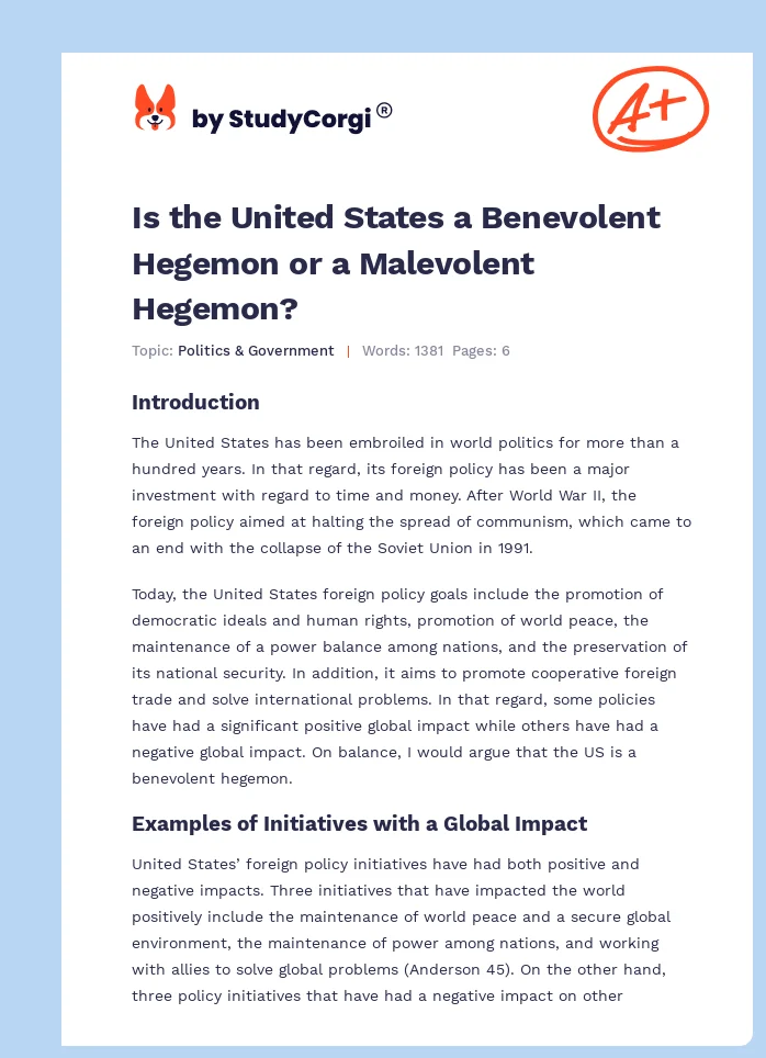 Is the United States a Benevolent Hegemon or a Malevolent Hegemon?. Page 1