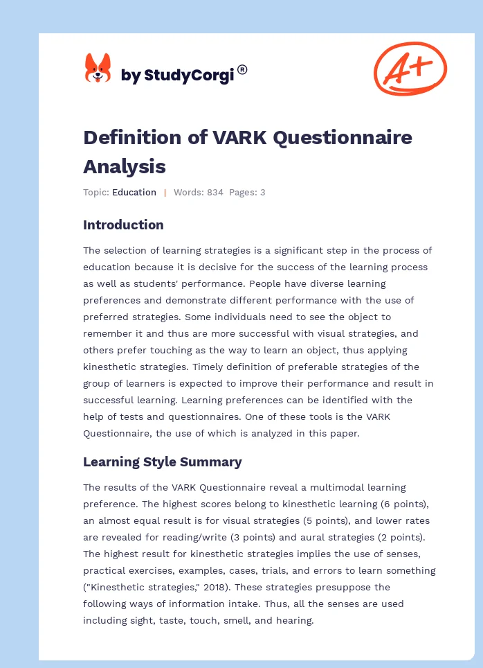 Definition of VARK Questionnaire Analysis. Page 1