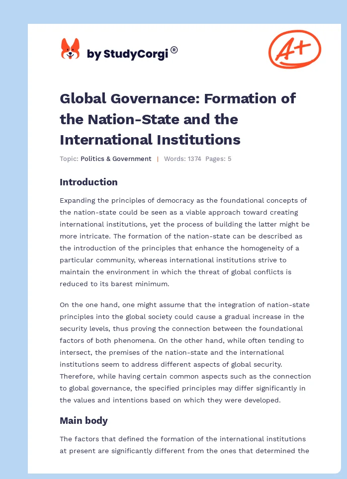 Global Governance: Formation of the Nation-State and the International Institutions. Page 1