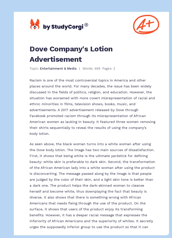 Dove Company's Lotion Advertisement. Page 1