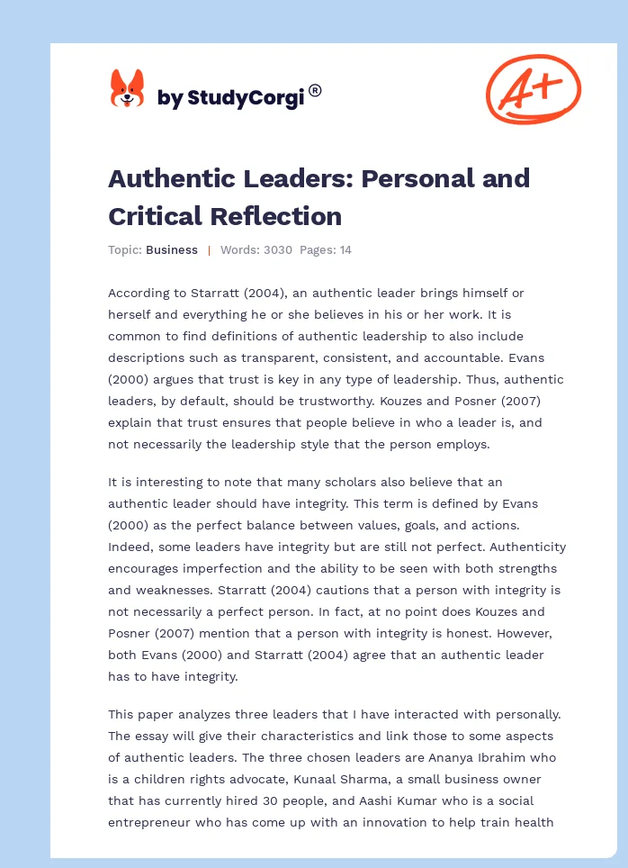 Authentic Leaders: Personal and Critical Reflection. Page 1
