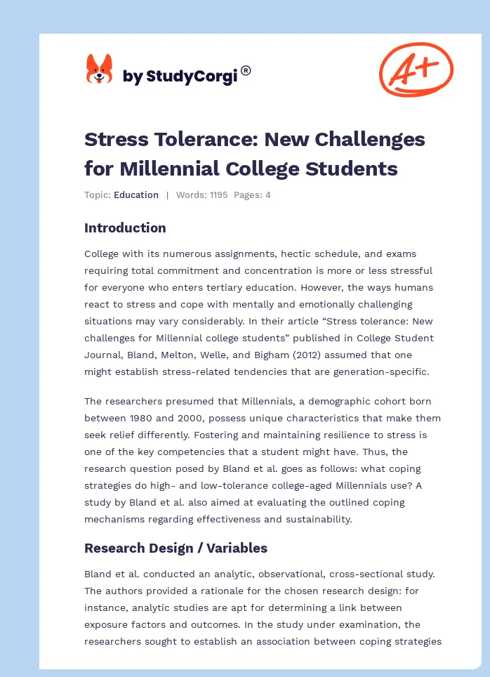 Stress Tolerance: New Challenges for Millennial College Students. Page 1