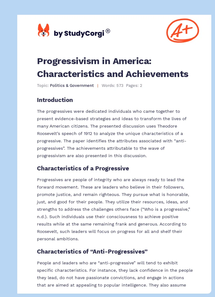 Progressivism in America: Characteristics and Achievements. Page 1