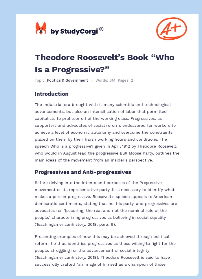 Theodore Roosevelt’s Book “Who Is a Progressive?”. Page 1