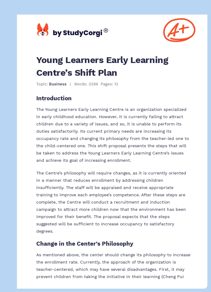 Young Learners Early Learning Centre’s Shift Plan. Page 1