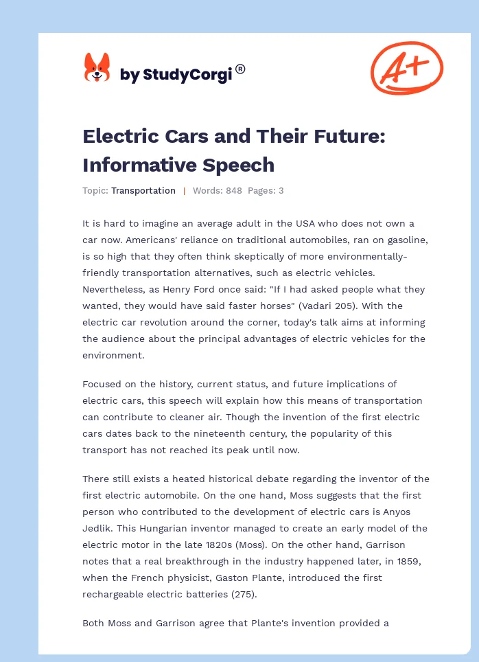 Electric Cars and Their Future: Informative Speech. Page 1