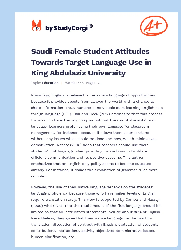 Saudi Female Student Attitudes Towards Target Language Use in King Abdulaziz University. Page 1