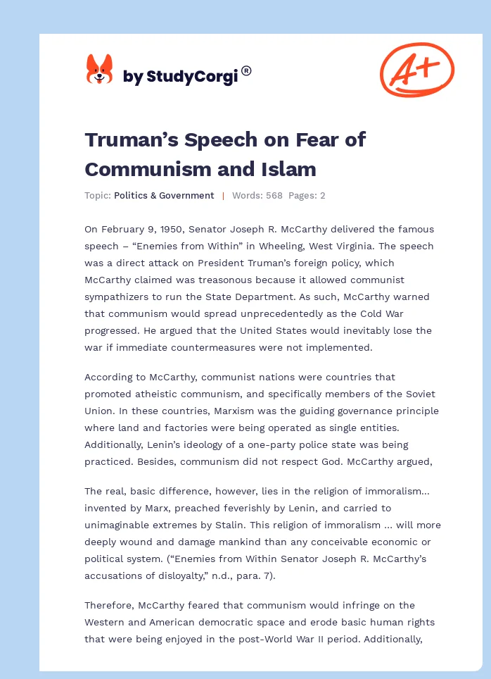 Truman’s Speech on Fear of Communism and Islam. Page 1