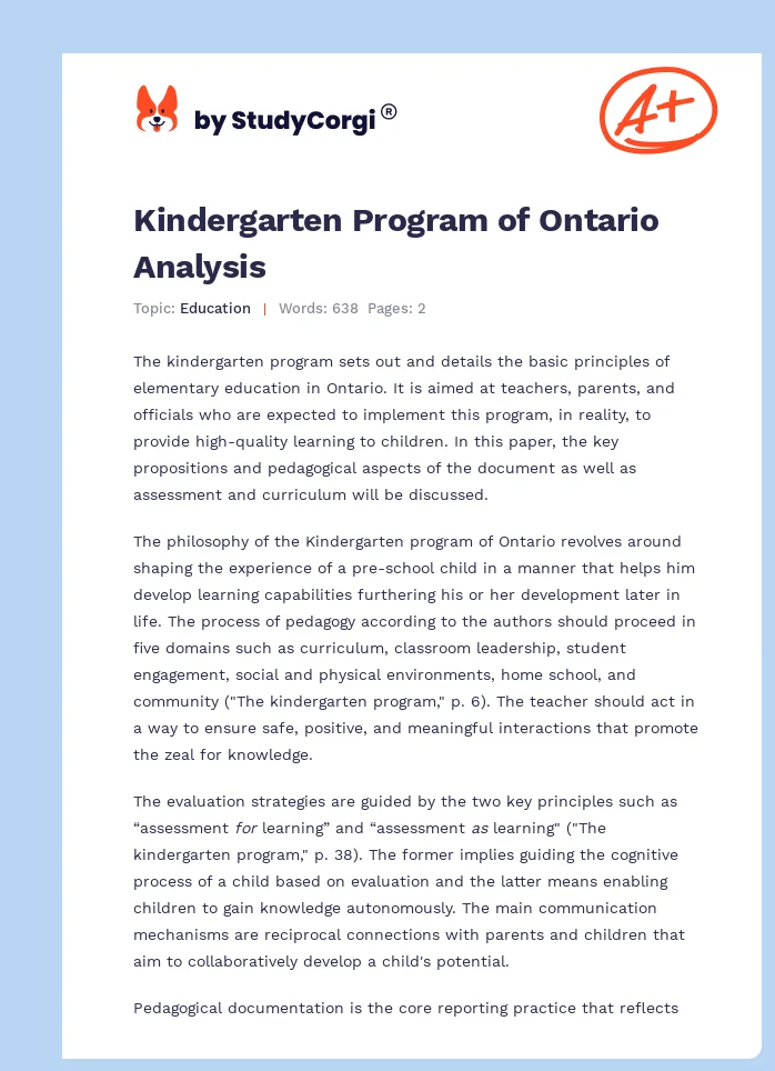 Kindergarten Program of Ontario Analysis. Page 1