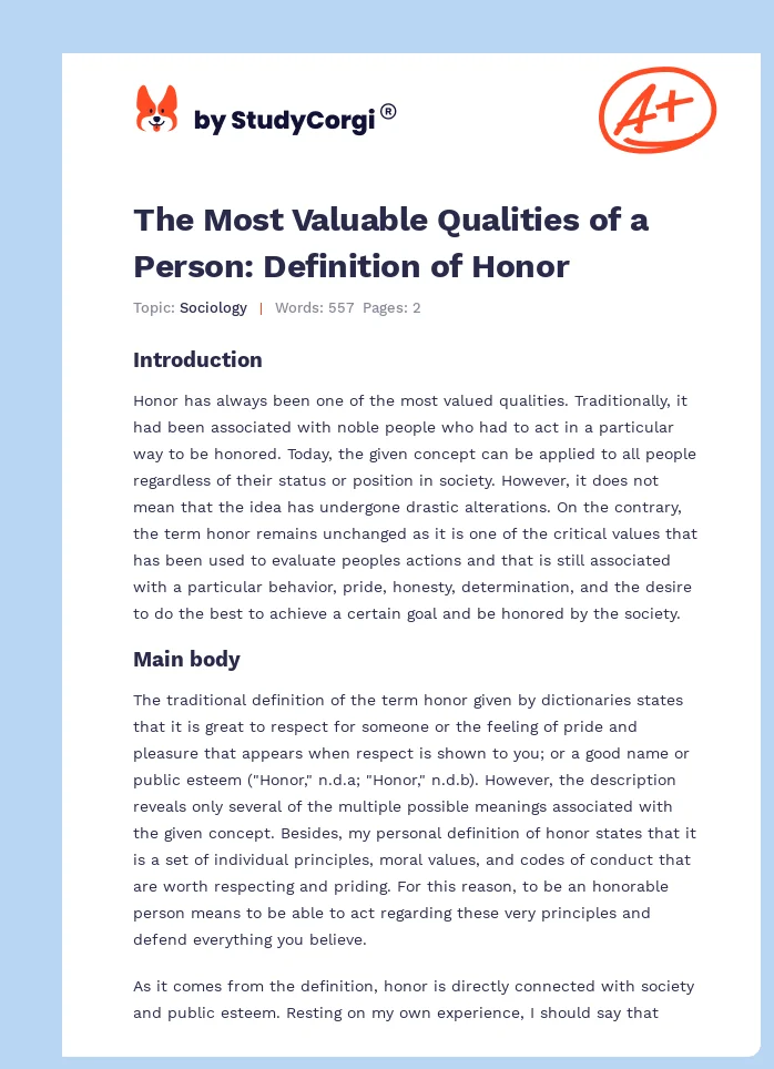 The Most Valuable Qualities of a Person: Definition of Honor. Page 1