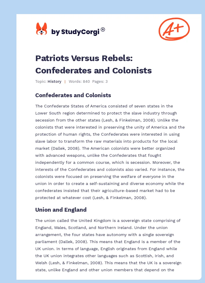 Patriots Versus Rebels: Confederates and Colonists. Page 1