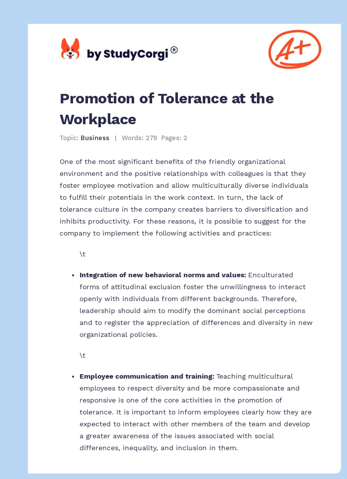 Promotion of Tolerance at the Workplace. Page 1