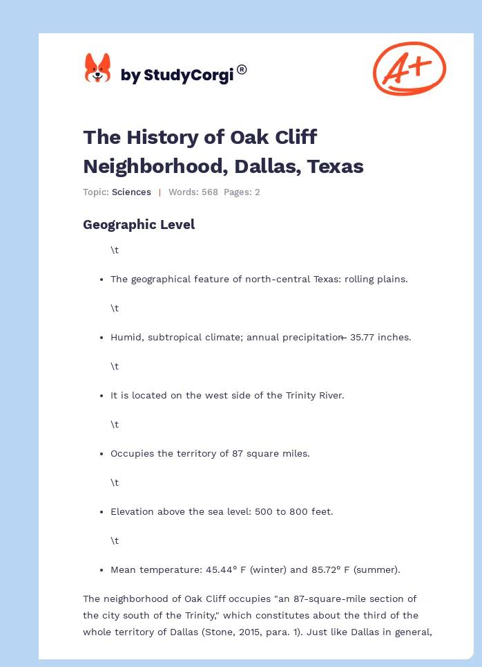 The History of Oak Cliff Neighborhood, Dallas, Texas. Page 1