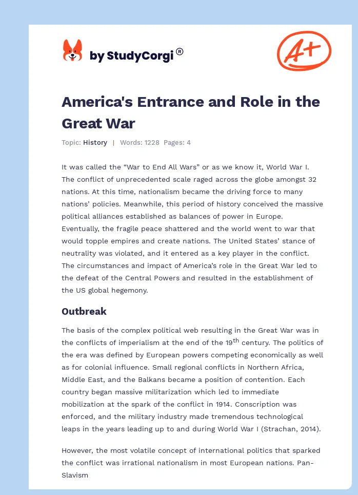 America's Entrance and Role in the Great War. Page 1