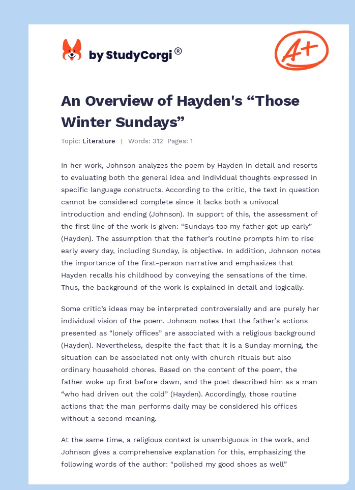 An Overview of Hayden's “Those Winter Sundays”. Page 1