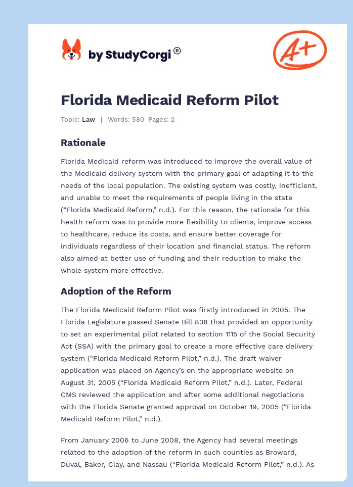 Florida Medicaid Reform Pilot. Page 1