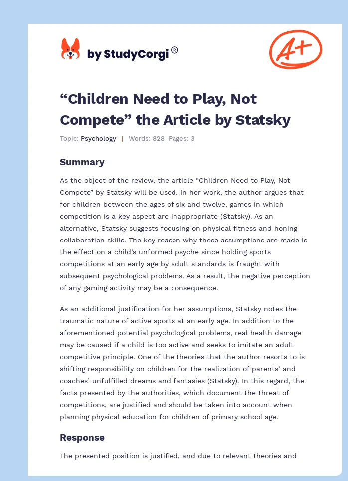 “Children Need to Play, Not Compete” the Article by Statsky. Page 1