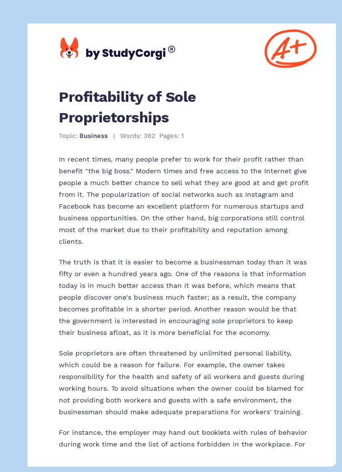 Profitability of Sole Proprietorships. Page 1