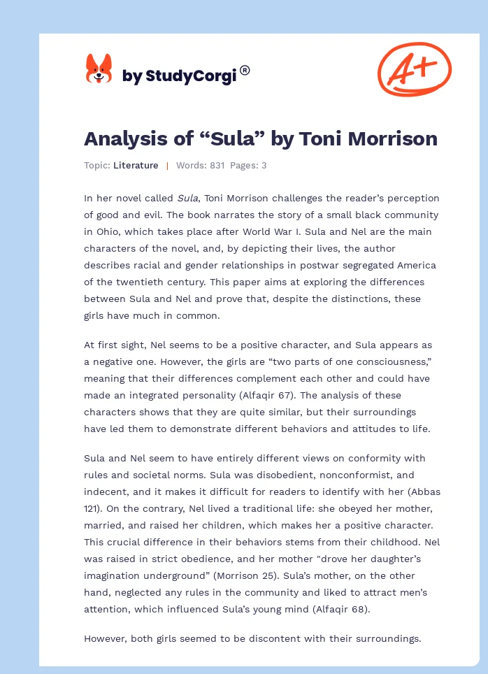 Analysis of “Sula” by Toni Morrison. Page 1