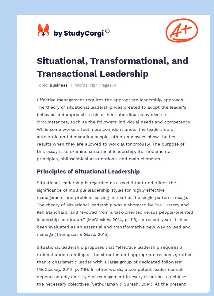 Situational, Transformational, and Transactional Leadership. Page 1