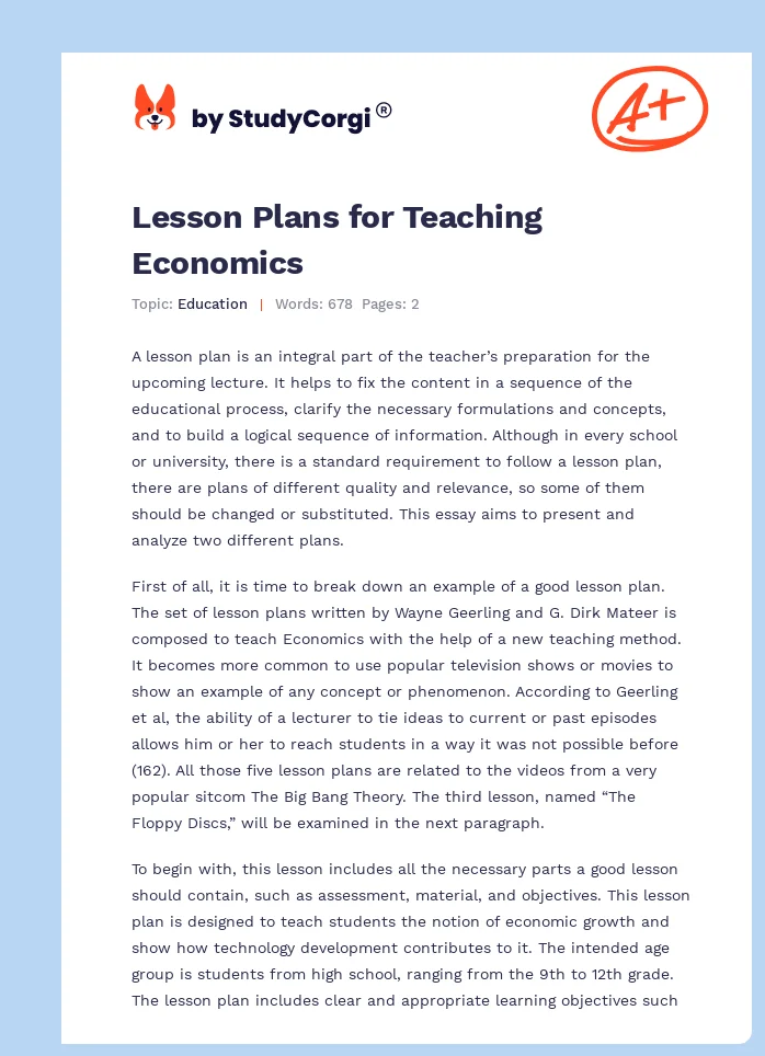 Lesson Plans for Teaching Economics. Page 1