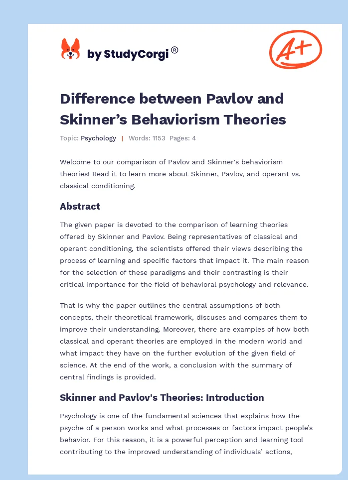 Difference between Pavlov and Skinner’s Behaviorism Theories. Page 1