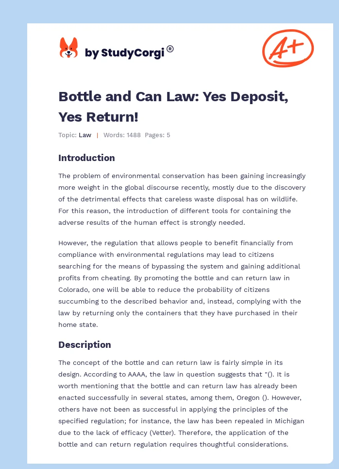 Bottle and Can Law: Yes Deposit, Yes Return!. Page 1
