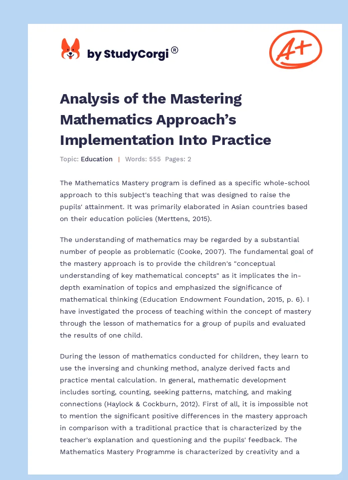Analysis of the Mastering Mathematics Approach’s Implementation Into Practice. Page 1