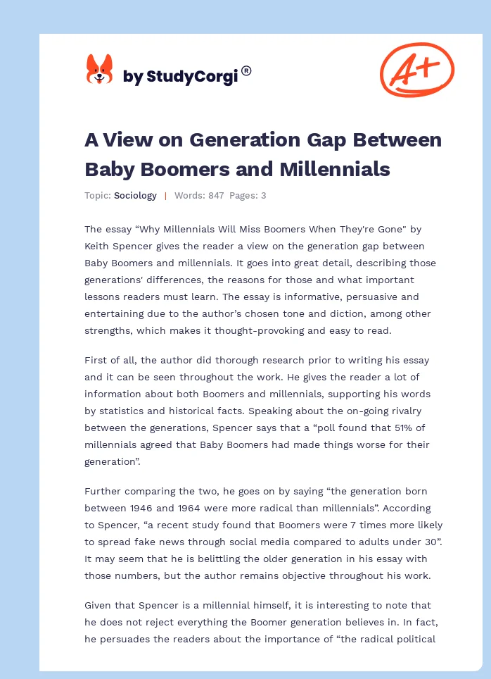 A View on Generation Gap Between Baby Boomers and Millennials. Page 1