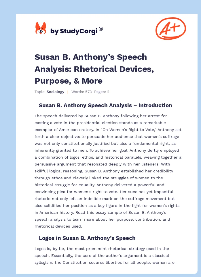 Susan B. Anthony’s Speech Analysis: Rhetorical Devices, Purpose, & More. Page 1