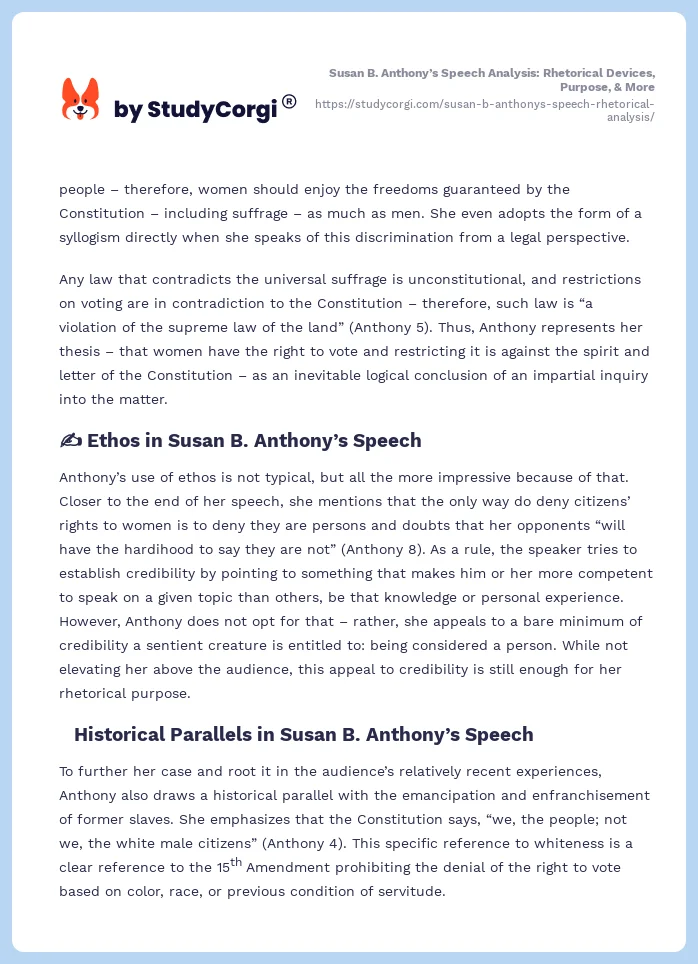 Susan B. Anthony’s Speech Analysis: Rhetorical Devices, Purpose, & More. Page 2