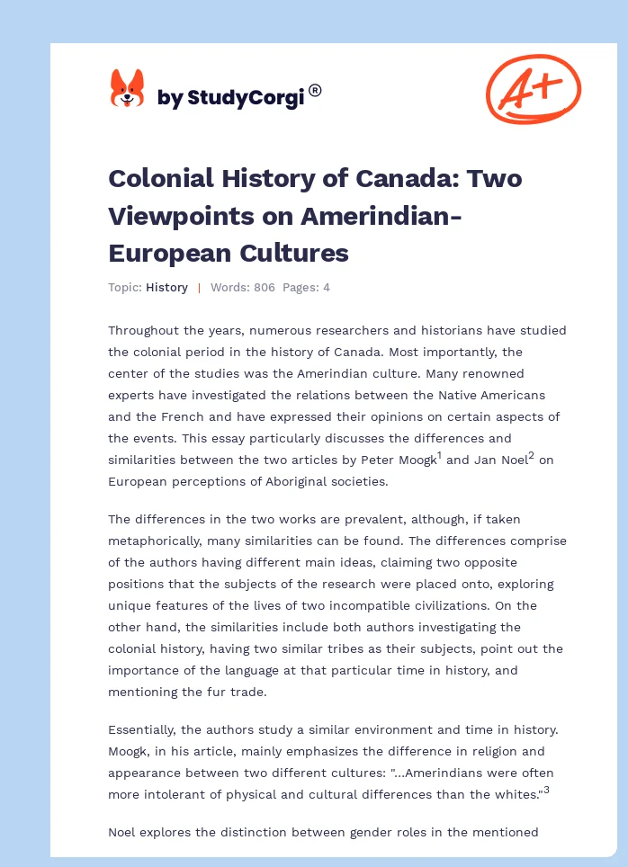 Colonial History of Canada: Two Viewpoints on Amerindian-European Cultures. Page 1