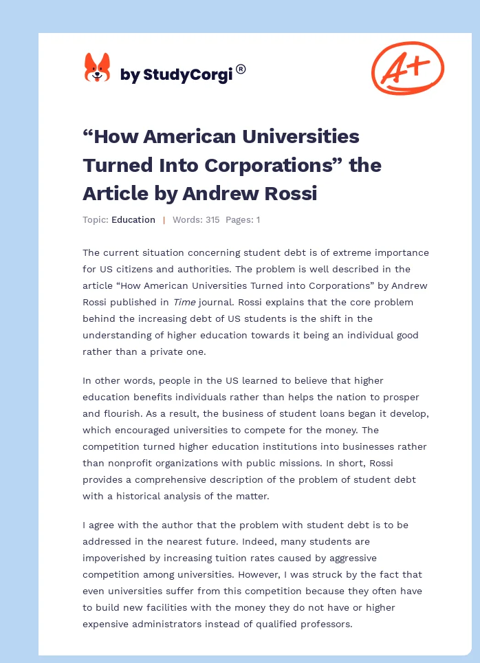 “How American Universities Turned Into Corporations” the Article by Andrew Rossi. Page 1