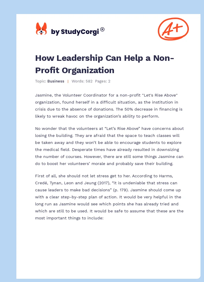 How Leadership Can Help a Non-Profit Organization. Page 1