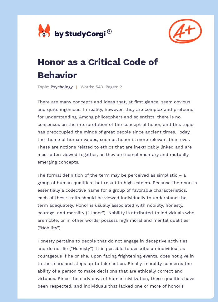 Honor as a Critical Code of Behavior. Page 1