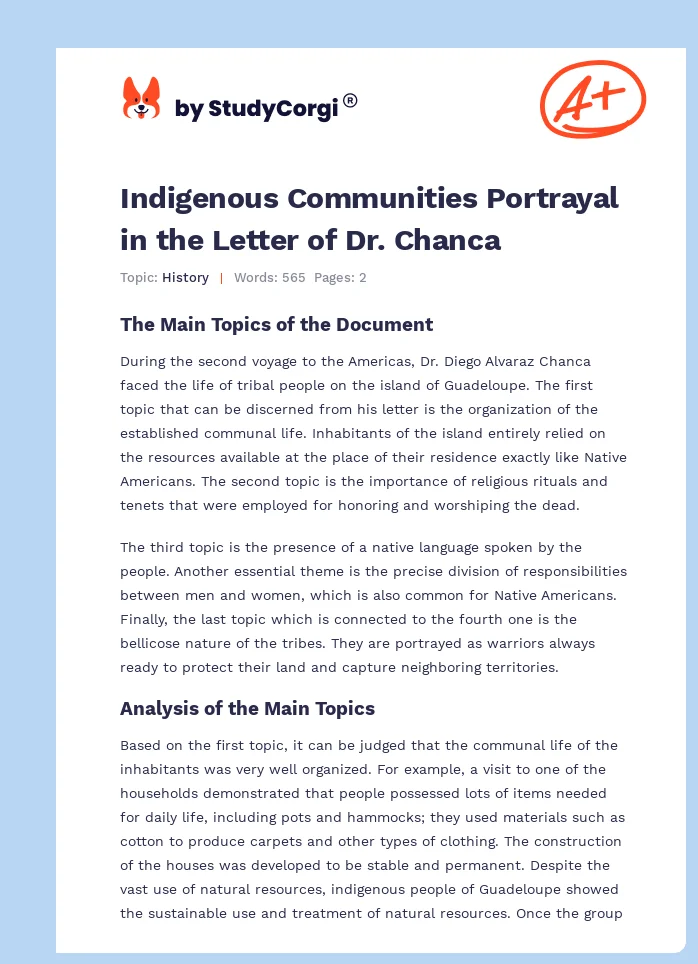 Indigenous Communities Portrayal in the Letter of Dr. Chanca. Page 1